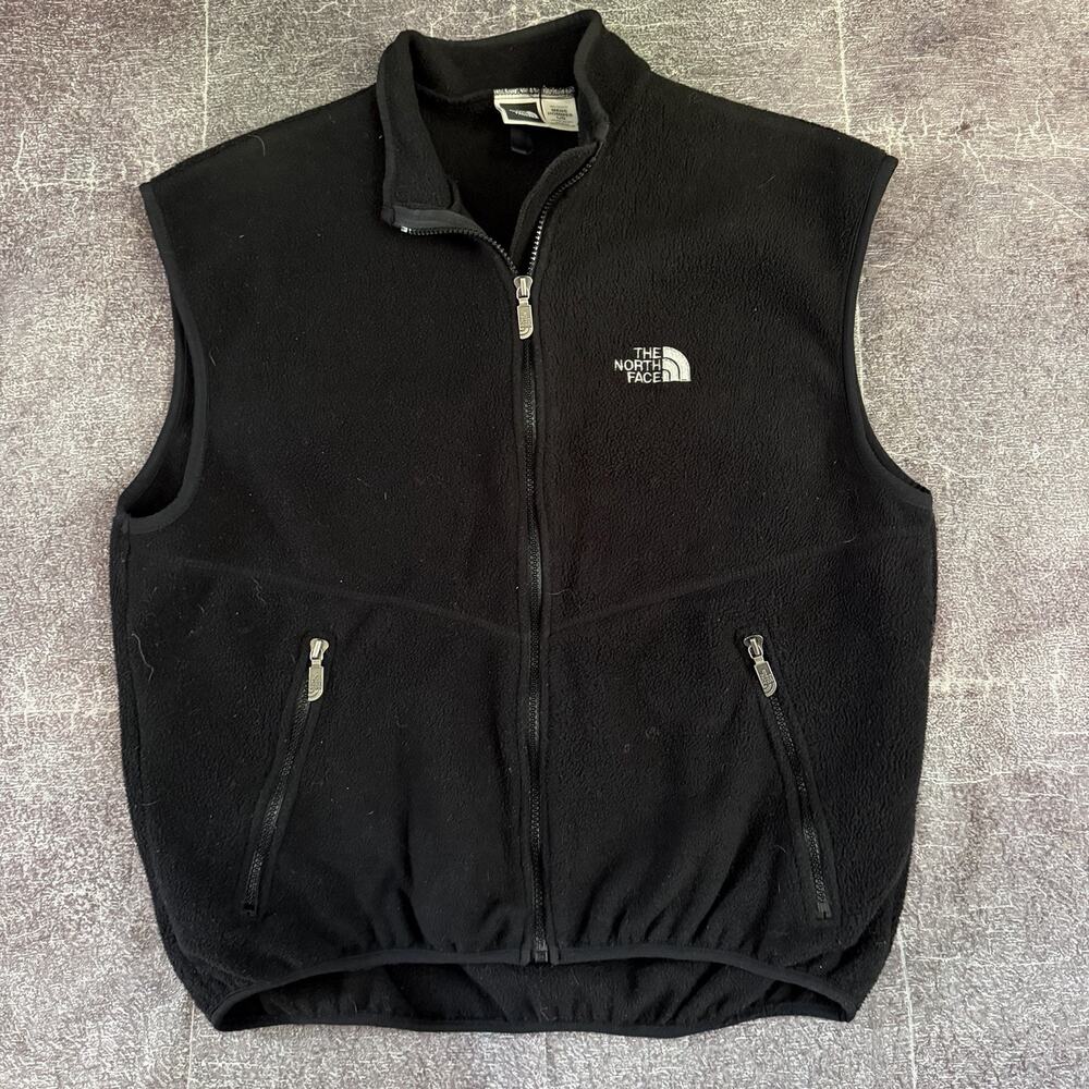 Men's Vintage 90s The North Face Black White Logo Zip Up Fleece Vest Jacket Sz L